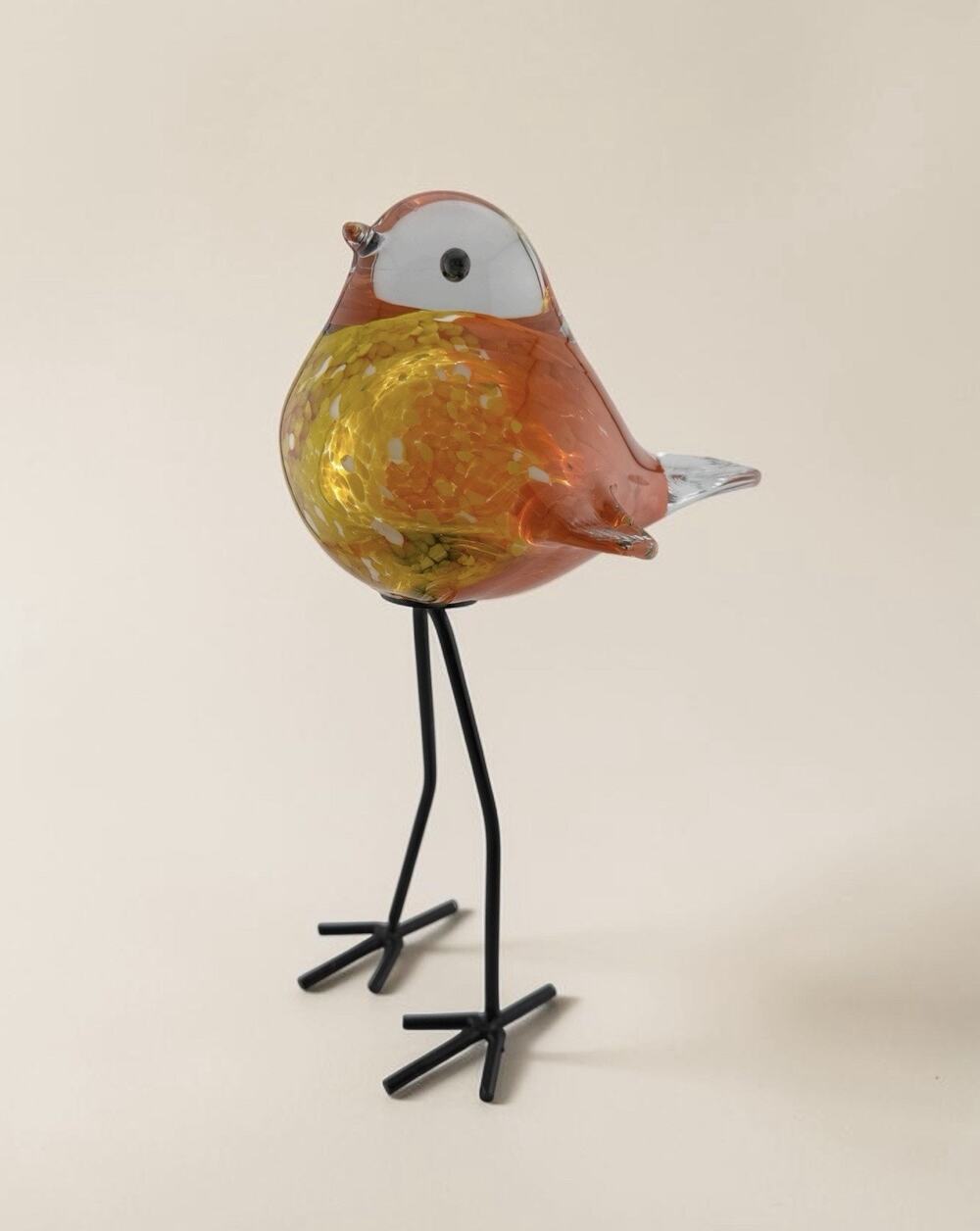 Murano Style Glass Bird Figurine 10" Tall Metal Legs Hand Blown Orange Yellow